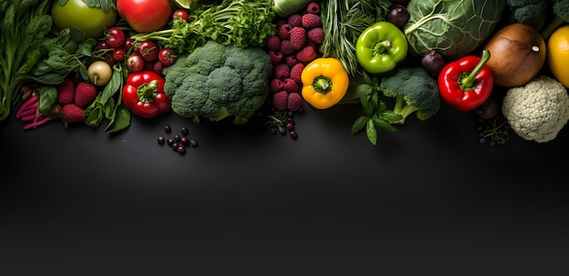 Frutas e legumes orgânicos e saudáveis em fundo escuro Vista superior do espaço de cópia Dia Mundial Vegano