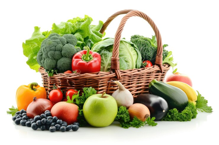 Foto frutas e legumes orgânicos em cesta de vime
