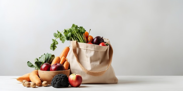 Frutas e legumes orgânicos frescos em sacos ecológicos brancos