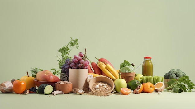 Frutas e legumes saudáveis em cores pastel fundo alimentar conceito de alimentação saudável