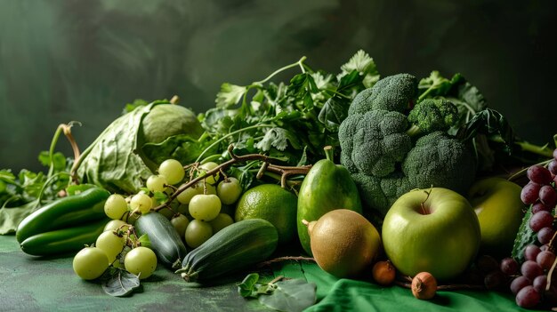 Frutas e legumes verdes contra um fundo verde