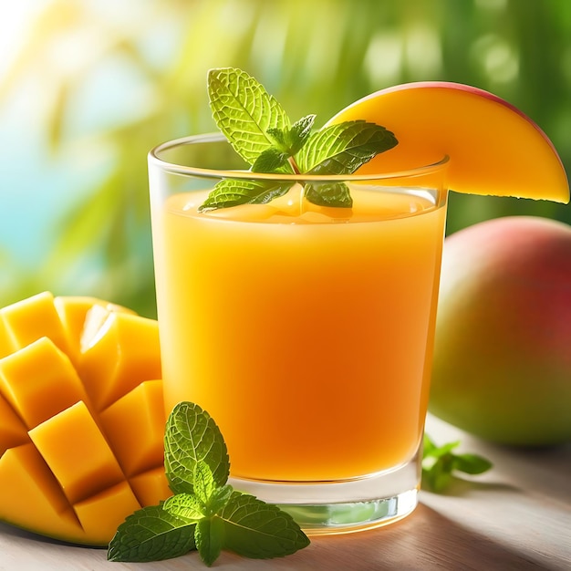 Frutas e suco de manga para uma dieta saudável banner de mídia social bem decorado em um copo