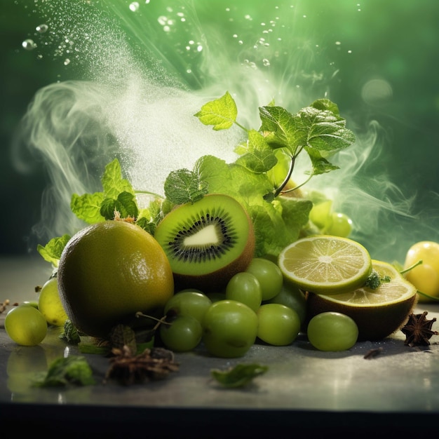 Frutas e vegetais com respingos de água em fundo escuro Conceito de comida saudável