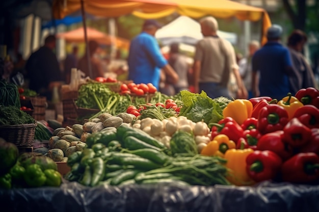 Frutas e vegetais em um mercado de agricultores com IA gerada