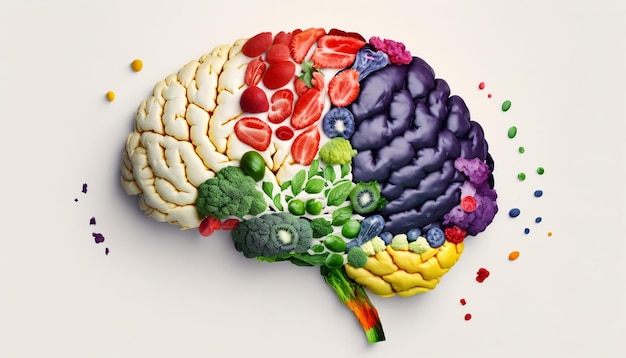 Frutas e vegetais frescos em forma de cérebro criados com tecnologia de IA generativa
