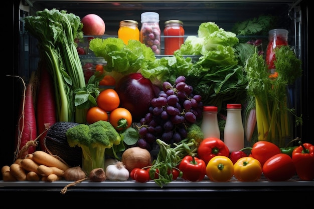 Frutas e vegetais frescos em uma geladeira limpa e brilhante