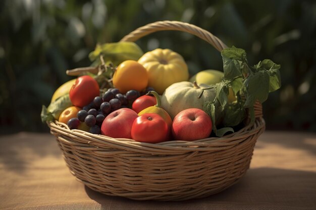 Frutas e vegetais orgânicos frescos em cesta de vime gerada por IA