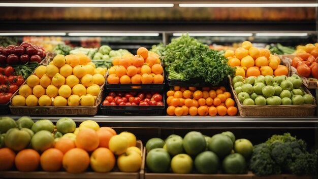 Frutas e vegetais saudáveis frescos e limpos em uma prateleira em um fundo de supermercado