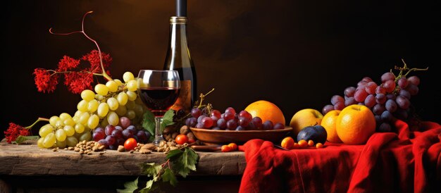 Foto frutas e vinho em uma mesa