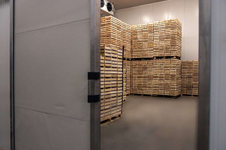 Foto frutas em caixas prontas para envio. interior de armazenamento refrigerado.
