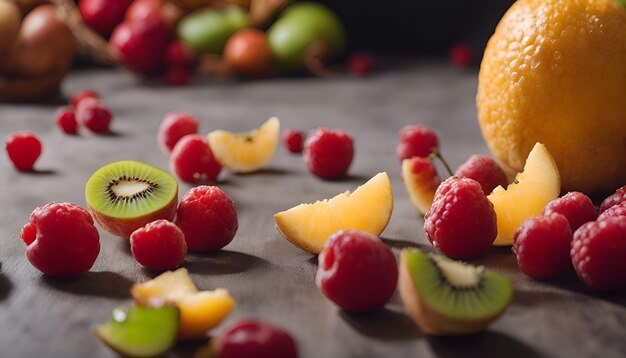 Foto frutas em fundo preto kiwi laranja framboesas maçãs