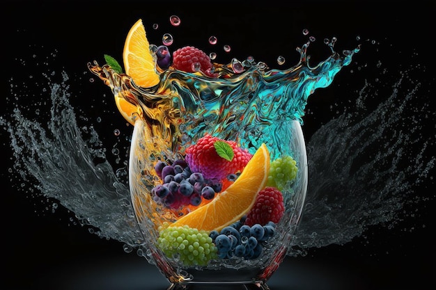 Frutas em um copo com salpicos de água
