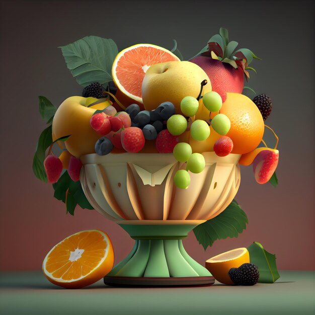 Frutas em um vaso em uma ilustração 3d de fundo escuro