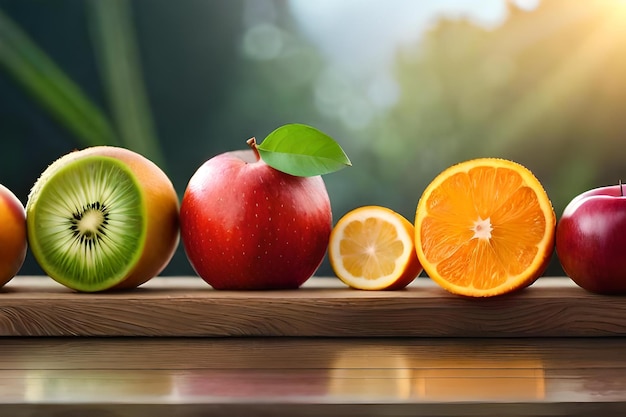 Frutas em uma mesa de madeira com as palavras frutas nela