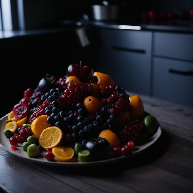 Foto frutas empilhadas em um prato na cozinha visto ao lado v20