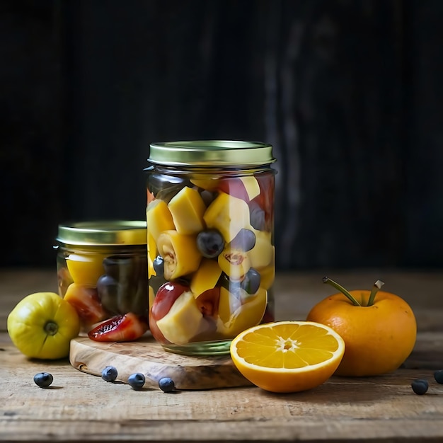 Foto frutas enlatadas en la mesa de la cocina fotografía de comida