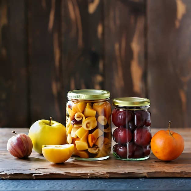 Foto frutas enlatadas na mesa da cozinha fotografia de alimentos