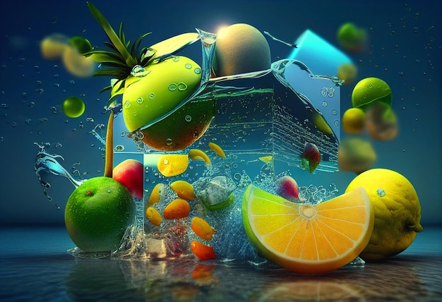 Frutas espirrando de um cubo de gelo renderização 3d IA generativa