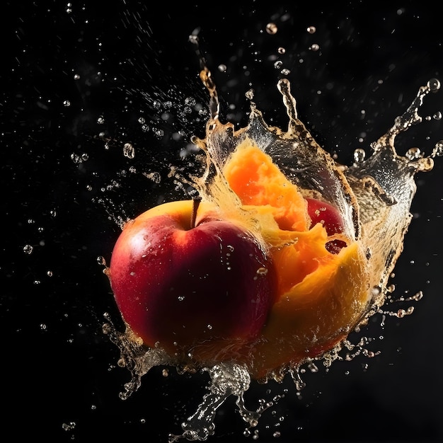 Frutas espirrando em um copo de água em um fundo escuro