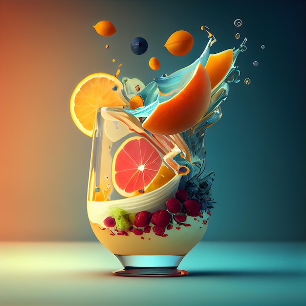 Frutas espirrando em um copo de renderização em 3d de suco