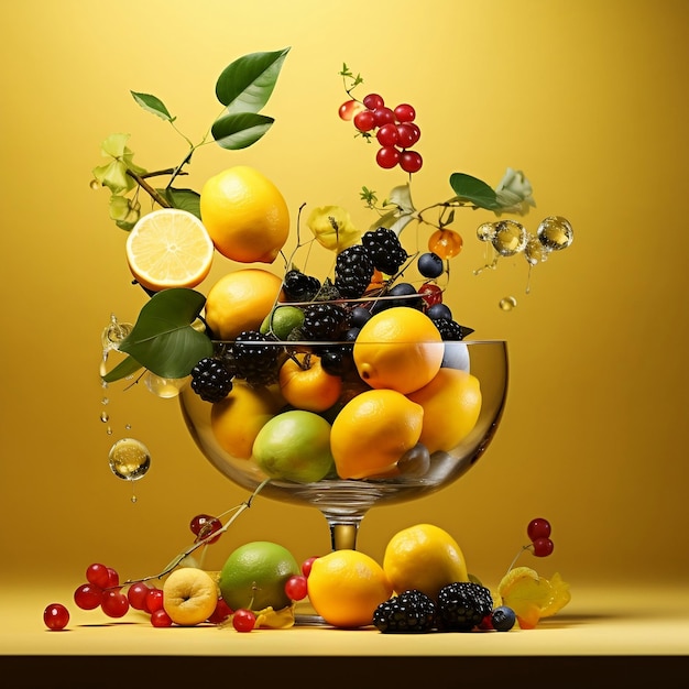 Frutas espirrando em um pouco de suco levitando em fundo amarelo