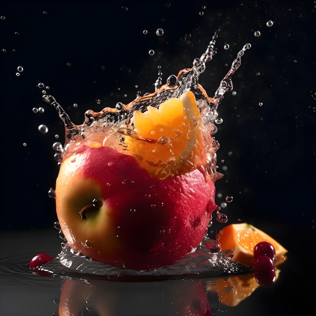 Frutas espirrando na água em closeup de fundo preto