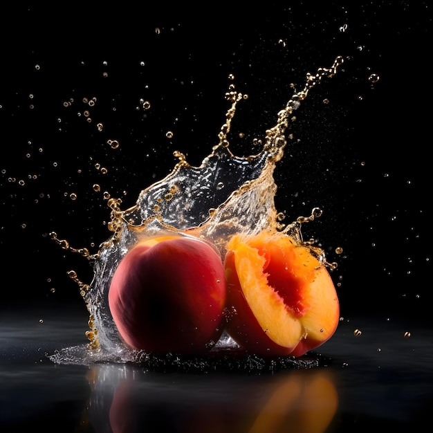 Frutas espirrando na água em um closeup de fundo preto