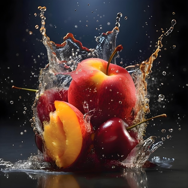 Frutas espirrando na água no fundo preto Conceito de comida saudável