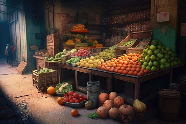 Frutas exóticas em um balcão de rua dobradas em uma pirâmide gerada por IA