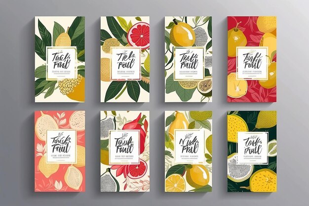 Frutas exóticas Etiquetas de té Conjunto Diseño de envases vectoriales Layouts Bundle Tipografía moderna