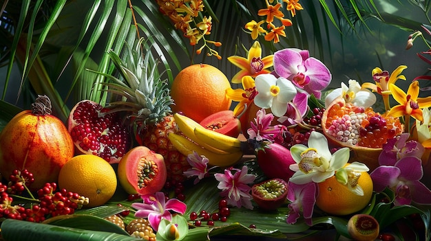 Foto frutas exóticas y flores tropicales