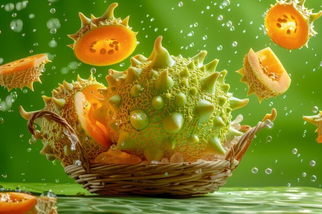 Foto frutas exóticas frescas de kiwano en una canasta con salpicaduras de agua sobre un fondo verde vibrante