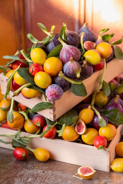 Frutas exóticas numa caixa com kumquats e figos