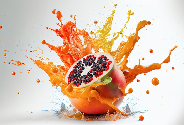 frutas fantásticas frutas mixtas que caen y explotan en jugos salpicados hechos con IA generativa