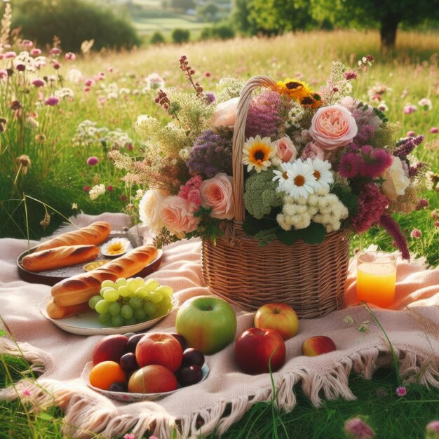 Foto frutas y flores en un prado verde