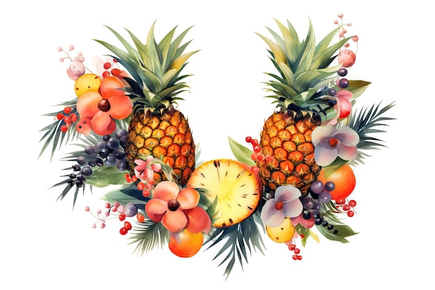 Frutas y flores tropicales Ilustración de acuarela en fondo blanco generada por IA