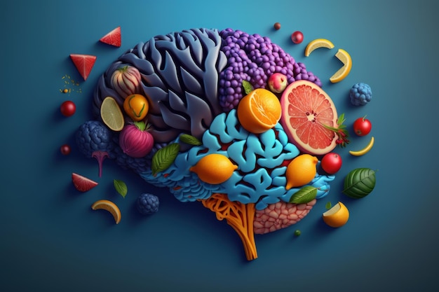 Frutas formando um cérebro criativo Comer comida saudável como nutrição para melhorar a memória IA generativa