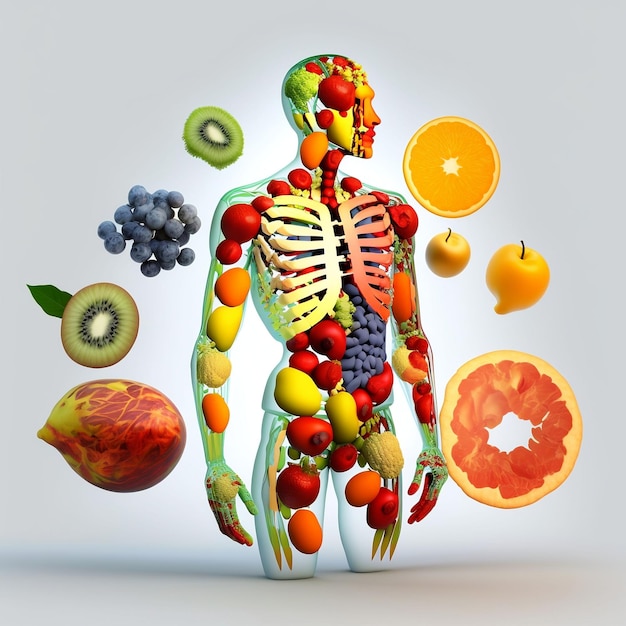 Frutas formando um metabolismo e nutrição do corpo humano Comer Dieta Alimentos para Energia e Digestão