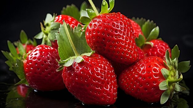 frutas de fresa maduras sobre un fondo oscuro