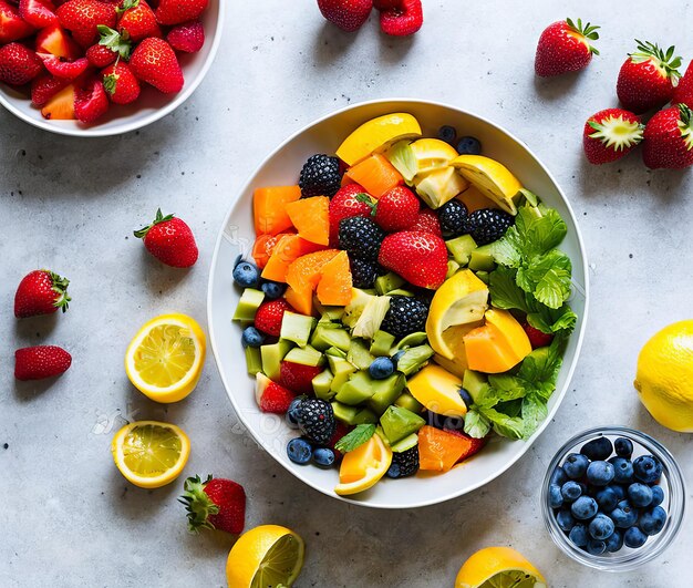 Frutas frescas y bayas en un espacio libre de vista superior de fondo oscuro para su texto