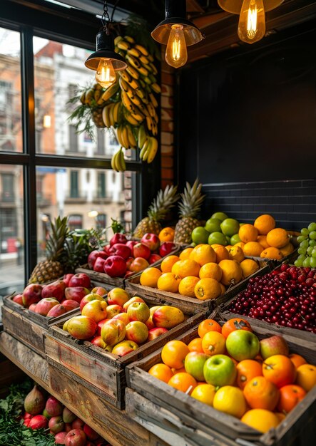 Foto frutas frescas en cajas de madera en el mostrador de la tienda