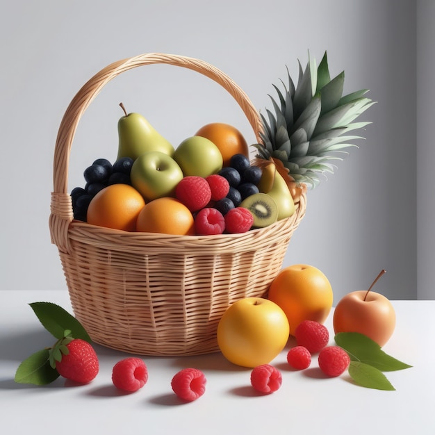 Frutas frescas en una canasta de mimbre sobre un fondo blanco