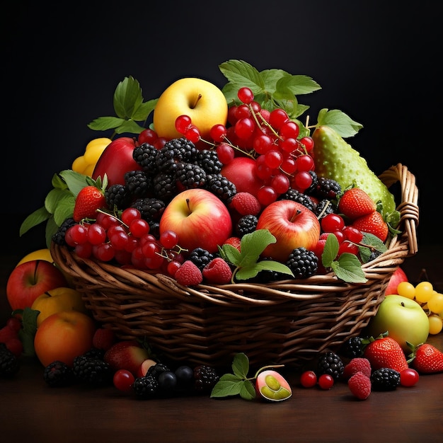 frutas frescas en la cesta con fondo oscuro