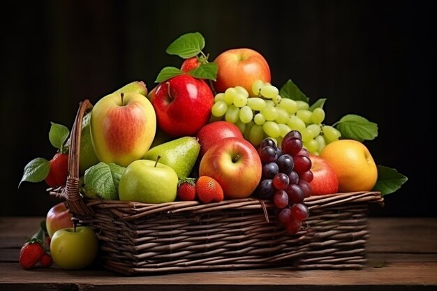 Frutas frescas en cesta de madera