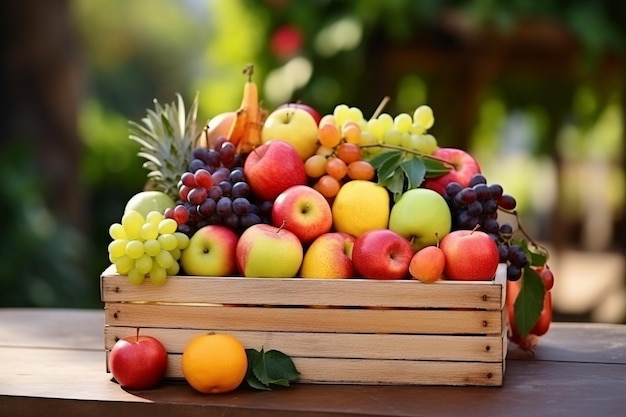 Frutas frescas en cesta de madera