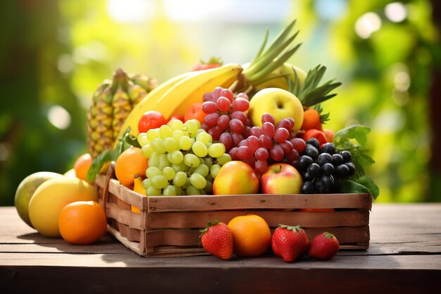 Frutas frescas en cesta de madera