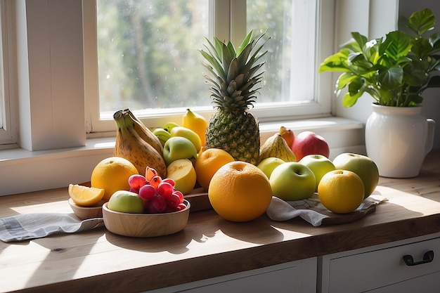 Foto frutas frescas en la cocina en una mesa de madera junto a la ventana soleada