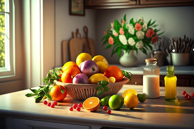 Frutas frescas en la cocina sobre la mesa junto a los cítricos