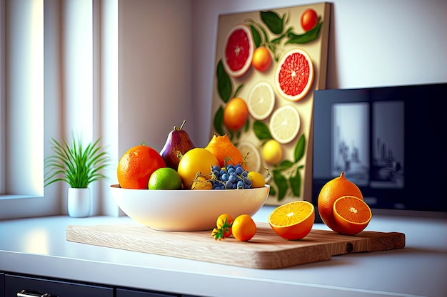 Foto frutas frescas en la cocina sobre la mesa junto a los cítricos