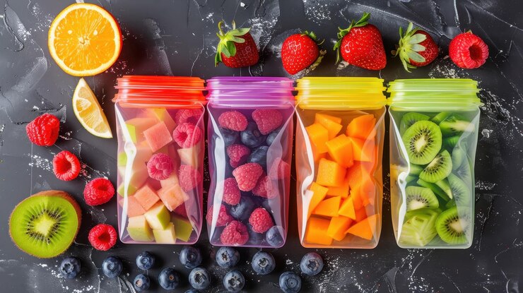 Frutas frescas de colores almacenadas en bolsas cerrables expuestas en una superficie oscura con frutas esparcidas